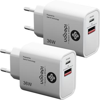 2er-Set Dual 36Watt USB Ladegerät, 1x USB-C und USB-A, PD- & QC-Netzteil, weiss, GaN III, schnelles Laden von iPhone, Samsung, Huawai, Xiaomi