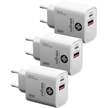 3er-Set Dual 36Watt USB Ladegerät, 1x USB-C und USB-A, PD- & QC-Netzteil, weiss, GaN III, schnelles Laden von iPhone, Samsung, Huawai, Xiaomi