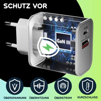 Preview: 3er-Set Dual 36Watt USB Ladegerät, 1x USB-C und USB-A, PD- & QC-Netzteil, weiss, GaN III, schnelles Laden von iPhone, Samsung, Huawai, Xiaomi