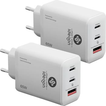 2er-Set USB Ladegerät, 3 Ports, 65Watt, 2x USB-C und 1x USB-A, PD- & QC-Netzteil, weiss, GaN III, für Smartphones, Notebooks, MacBook & Tablets