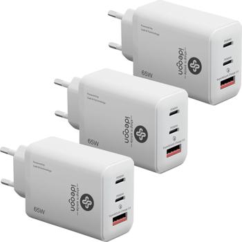 3er-Set USB Ladegerät, 3 Ports, 65Watt, 2x USB-C und 1x USB-A, PD- & QC-Netzteil, weiss, GaN III, für Smartphones, Notebooks, MacBook & Tablets