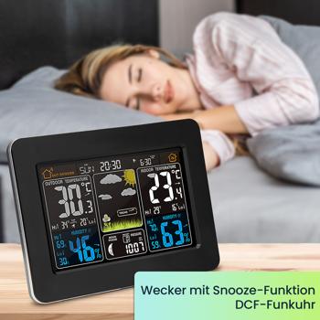 Preview: Funk-Wetterstation mit Farbdisplay, DCF-Uhr, Sensor, Thermometer, Barometer, Hygrometer, Mondphase. Präzise Wetterdaten & Wecker für Zuhause