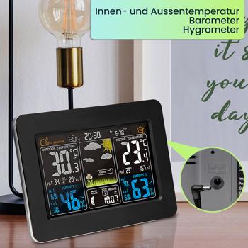 Preview: Funk-Wetterstation mit Farbdisplay, DCF-Uhr, Sensor, Thermometer, Barometer, Hygrometer, Mondphase. Präzise Wetterdaten & Wecker für Zuhause