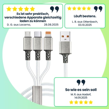 Preview: 3in1 Universal USB-Schnellladekabel, 25 W, Micro-USB, USB Typ C & Lightning, 120 cm, für iPhones, Samsung, Pixel, Huawei, Powerbanks, Kameras