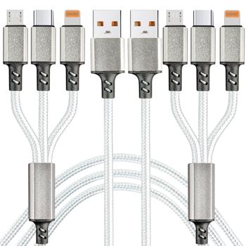 Preview: 2er-Set 3in1 Universal USB-Schnellladekabel, 25 W, Micro-USB, USB Typ C & Lightning, 120 cm, für iPhones, Samsung, Pixel, Huawei, Powerbanks, Kameras