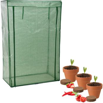 Komplettes Tomaten-, Erdbeer- & Chili - Anzuchtset: Gewächshaus, 3 Töpfe, Samen & Erde – Züchten Sie Tomaten, Erdbeeren & Chili in Premium Qualität