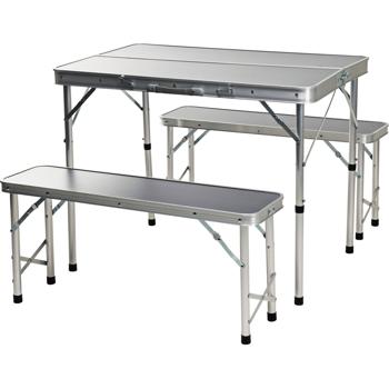 Preview: Stabiler Campingtisch mit 2 Bänken – für 4 Personen, wetterfestes Alu-MDF, einfach klappbar & transportabel als Koffer 