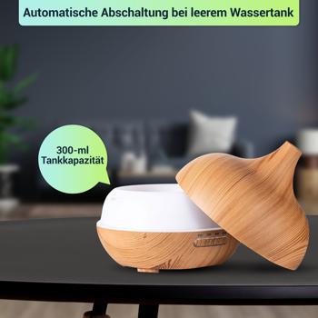 Preview: Aroma-Diffuser in eleganter Holzoptik für ätherische Öle, LED-Beleuchtung in 7 Farben & Timer, 300 ml, formschöne Raumbefeuchtung für Ihr Zuhause