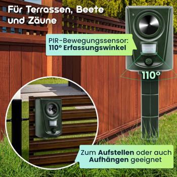 Preview: Effektiver Ultraschall Tiervertreiber, Tierabwehr m. PIR-Bewegungsmelder, bis 60 m², vertreibt Hunde, Katzen, Kleintiere, Vögel, Marder