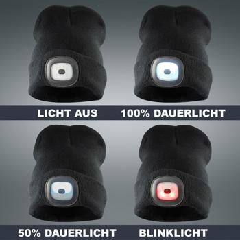 Preview: LED-Beanie leuchtend, schwarz, mit starkem LED-Licht – Zuverlässige Wintermütze für maximale Sicherheit im Dunkeln