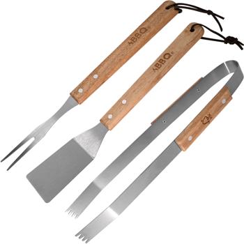 3-tlg. Edelstahl-Grillbesteck: Gabel, Zange und Wender mit extralangen Gummiholz-Griffen, robust, hitzebeständig & ideal für jeden Grillmeister