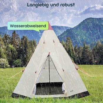 Preview: 3-Personen Tipi-Zelt Ø 2,5m - Wasserabweisend, integrierte Bodenplane - Insektennetz 170x220cm - Schutz vor Mücken - Polyester - Creme