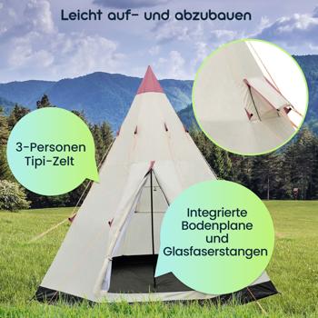 Preview: 3-Personen Tipi-Zelt Ø 2,5m - Wasserabweisend, integrierte Bodenplane - Insektennetz 170x220cm - Schutz vor Mücken - Polyester - Creme