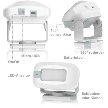 Preview: Kabellose Funk Türklingel & Durchgangsmelder mit PIR-Sensor, IP44, 36 Klingeltöne, weiss: für mehr Sicherheit & Komfort
