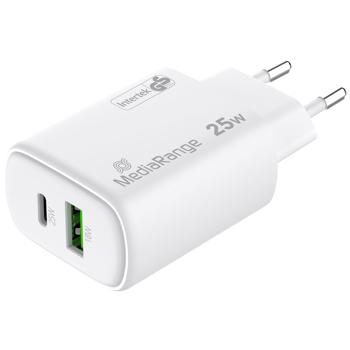 Preview: Dual Schnellladeadapter, GaN, 1x USB-C und USB-A, PD & QC, 25 Watt, weiss, USB Schnell Ladegerät Quick Charge mit Überspannungsschutz