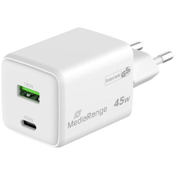 Preview: Dual Schnellladeadapter, GaN, 1 x USB-C und 1 x USB-A, QC 45 Watt, weiss, für iPhone 16, 15, 14, 13, 12, 11, X, iPad, Samsung Galaxy, Huawei, Pixel