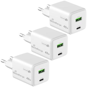 3er-Set USB Netzteil Quick Charge, GaN, 1 x USB-C und 1 x USB-A, QC 45 Watt, weiss, für iPhone 16, 15, 14, 13, 12, 11, X, iPad, Samsung Galaxy, Huawei, Pixel