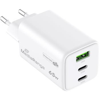 Preview: 3er-Set GaN Schnellladeadapter - 65W max. Leistung für 3 Geräte gleichzeitig - 2x USB-C (PD 3.0 PPS) & 1x USB-A (QC 3.0) - Weiss