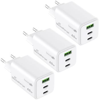 3er-Set GaN Schnellladeadapter - 65W max. Leistung für 3 Geräte gleichzeitig - 2x USB-C (PD 3.0 PPS) & 1x USB-A (QC 3.0) - Weiss