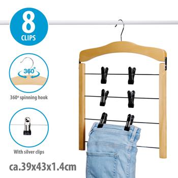 Preview: 4er-Set Mehrfach-Hosenbügel mit Clips - maximiert Schrankplatz dank 4 Ebenen & 8 Clips - drehbarer Haken- Holz, Kunststoff, Metall- 39x43x1.4cm
