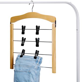 Preview: 4er-Set Mehrfach-Hosenbügel mit Clips - maximiert Schrankplatz dank 4 Ebenen & 8 Clips - drehbarer Haken- Holz, Kunststoff, Metall- 39x43x1.4cm