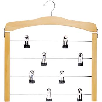 Preview: 4er-Set Mehrfach-Hosenbügel mit Clips - maximiert Schrankplatz dank 4 Ebenen & 8 Clips - drehbarer Haken- Holz, Kunststoff, Metall- 39x43x1.4cm