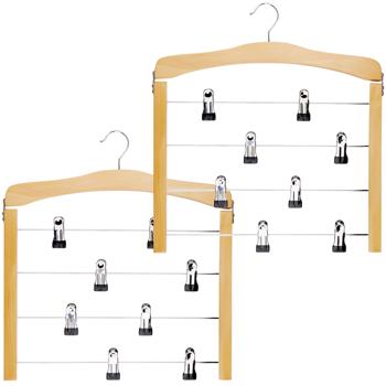 2er-Set Mehrfach-Hosenbügel mit 8 Clips - maximiert Stauraum & Ordnung im Schrank - leicht, robust, drehbarer Haken - 39x43x1.4 cm - Holz, Kunststoff, Metall