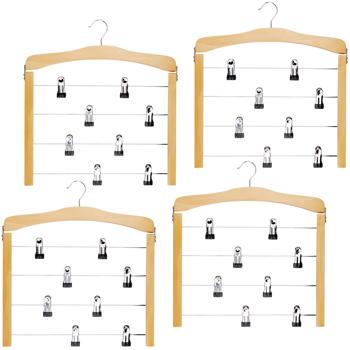 4er-Set Mehrfach-Hosenbügel mit Clips - maximiert Schrankplatz dank 4 Ebenen & 8 Clips - drehbarer Haken- Holz, Kunststoff, Metall- 39x43x1.4cm