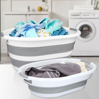 Platzsparender, faltbarer Wäschekorb (27L) in elegantem Weiss-Grau – Mit ergonomischen Tragegriffen, 60x45x30cm–Für müheloses Wäschehandling