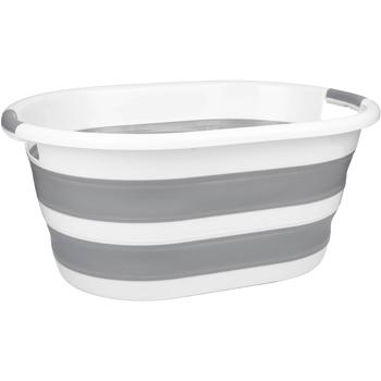 Preview: Platzsparender, faltbarer Wäschekorb (27L) in elegantem Weiss-Grau – Mit ergonomischen Tragegriffen, 60x45x30cm–Für müheloses Wäschehandling