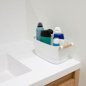 Preview: Aufbewahrungsbox aus Kunststoff mit Bambusgriff - Elegante Organisation für Bad & Büro - 27x14.5x12 cm - Vielseitig einsetzbar - Weiss