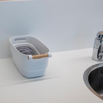 Preview: Aufbewahrungsbox aus Kunststoff mit Bambusgriff - Elegante Organisation für Bad & Büro - 27x14.5x12 cm - Vielseitig einsetzbar - Weiss