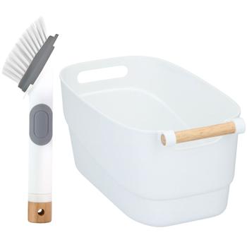 Küchenbox mit Bambusgriff & Spülbürste mit Spülmittel-Behälter - Perfekte Küchenorganisation - Weiss, Kunststoff, 33x18x15cm, inkl. Spülschwamm - Hygienisch