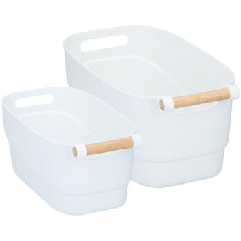 Stilvolles Aufbewahrungsboxen-Set (2 Grössen): Kunststoff mit Bambus-Griff, weiss (33x15cm, 27x12cm) – elegante Ordnungshelfer für Küche, Bad & Büro