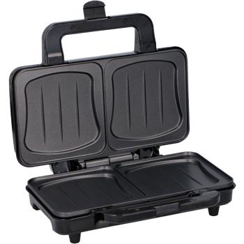 Preview: XL Sandwichmaker (starke 900W): schwarz-silber, für 2 grosse Sandwiches, Antihaftbeschichtung - Schnelle & gleichmässige Zubereitung