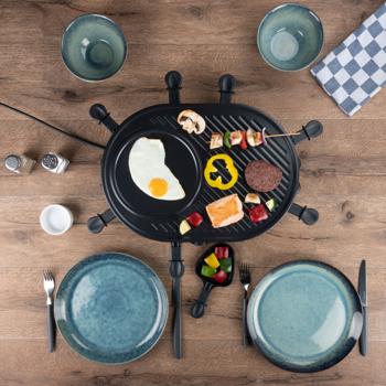 Preview: Geselliges Raclette-Grill für 8 Personen, 1200W: Mit Grill- und Backplatte, Antihaftbeschichtung, Thermostat, Pfännchen und Spatel