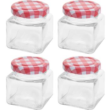 Konfitürengläser 4er Set eckig 75ml - Vielseitige Aufbewahrung für Lebensmittel & Kleinkram - Robuste Glasbehälter mit rot-weissen Metalldeckeln
