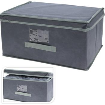 Preview: 2er-Set Aufbewahrungsbox mit Deckel & Henkel - faltbar, 44x22x33cm - grau - ideal für Spielzeug, Wäsche & Bücher - staubfrei & hygienisch