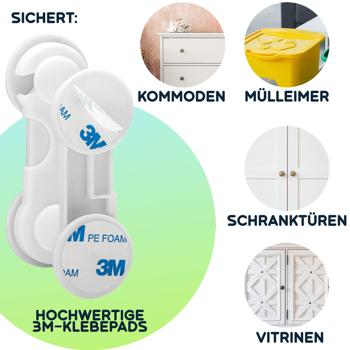 Preview: Baby-Sicherungen klebend (10er-Set) – Kindersicherung für Schubladen, Schranktüren & Vitrinen – Mit 3M-Klebepads, weiss