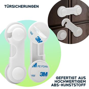 Preview: Baby-Sicherungen klebend (10er-Set) – Kindersicherung für Schubladen, Schranktüren & Vitrinen – Mit 3M-Klebepads, weiss