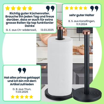Preview: Küchenrollenhalter Design schwarz-roségold - Sicherer Stand, einhändig abreissbar & edler Look - Aus pulverbeschichtetem Metall, 15 x 35,5 cm