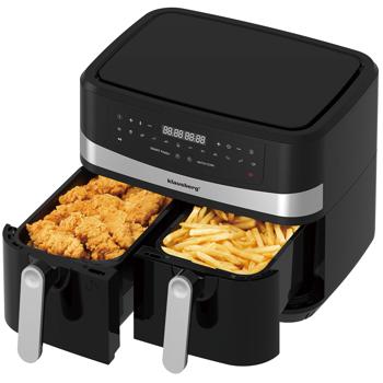 Dual Zone Heissluftfritteuse mit Doppelkorb, 9 Liter, 2400W, schwarz, Digitales Touch Display, Smart End, Air Fryer zum Backen, Grillen, Braten