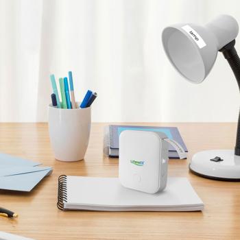 Preview: Mobiler Akku Thermo Etikettendrucker, 12mm - weiss, App Design, inkl. Etiketten - kabelloser Labeldrucker, Etiketten Beschriften, Einfache Bedienung