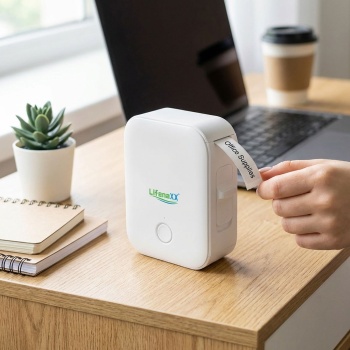 Mobiler Akku Thermo Etikettendrucker, 12mm - weiss, App Design, inkl. Etiketten - kabelloser Labeldrucker, Etiketten Beschriften, Einfache Bedienung