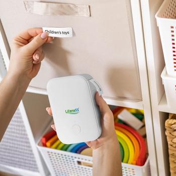 Preview: Mobiler Akku Thermo Etikettendrucker, 12mm - weiss, App Design, inkl. Etiketten - kabelloser Labeldrucker, Etiketten Beschriften, Einfache Bedienung