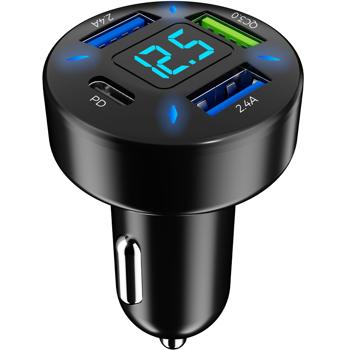 Preview: Beleuchtetes 4 Port Auto USB-Ladegerät, (50 Watt), matt-schwarz, Spannungsanzeige, 1x USB-C & 3x USB-A , Kfz Zigarettenanzünder Schnellladestecker