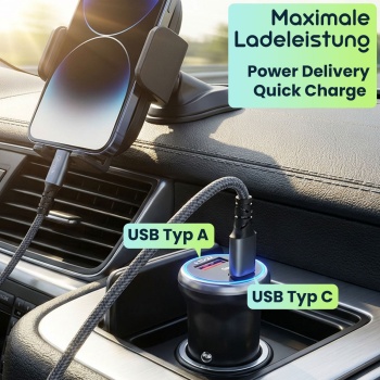 Preview: Leistungsstarkes Kfz-USB-Netzteil, (54 Watt) inkl. Ladekabel, USB-C PD & USB-A QC, Dual-Auto 12 V Schnellladestecker, schnelles Aufladen unterwegs