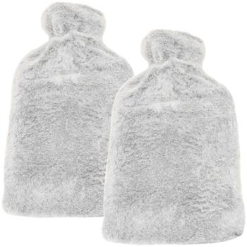 2er-Set Wärmflasche mit flauschigem Plüsch-Bezug - Ideal als Bettwärmer & für Schmerzen - 1,6L Füllmenge - Hellgrau - Ganzjährig nutzbar als Kühlkompresse