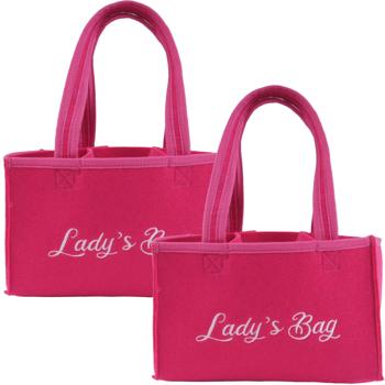 2er-Set Flaschentasche Pink mit Lady’s Bag-Stickerei - Sicherer Transport für 6 Flaschen/Dosen - Verstärkte Griffe - Perfekte Geschenkidee - Filz, 23x15x15cm