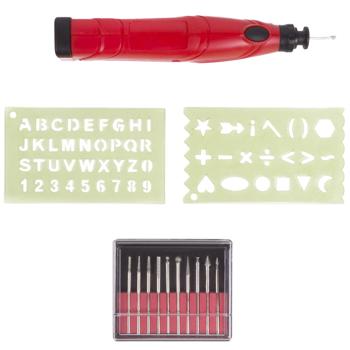 Gravurset 13-teilig - 13.000 U/min für präzise Gravuren - inkl. 10 Aufsätze, 2 Schablonen & Aufbewahrungsbox - für Holz, Keramik, Glas, Leder, Metall